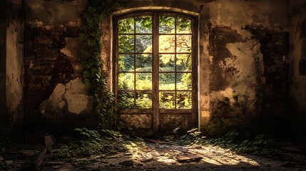 Abandoned place forgotten structure ruin overgrown building crumbling wall Nature reclaims eerie location soft natural light filtering through broken window High fidelity texture atmospheric ultra