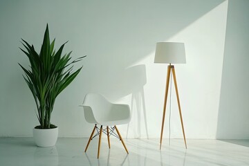 Modern minimalist interior design.  Clean, bright, and simple.  Soft light accents the space with a touch of nature