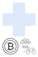 Blue cross behind symbols of cryptocurrency, popcorn, and game controller. Ideal for technology, gaming, entertainment, finance, health crypto leisure. Flat simple metaphor