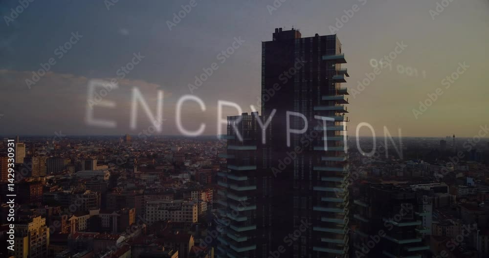 Poster 3d render skyscraper showing floating encryption text and binary digits over dusk cityscape