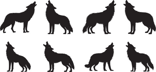 Bundle of howling wolves in silhouette vector illustration
