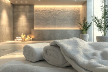 Spa interior featuring rolled towels and ambient lighting in a serene setting