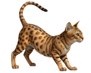 A majestic Bengal cat with a sleek coat and striking spots, poised gracefully in a playful stance.