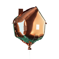 a mylar balloon shaped like a brown house floating on a white background
