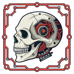 Cybernetically enhanced beast skull; intricate robotic implants integrated within a decaying skull, showcasing bio-mechanical fusion.  High detail, realistic textures.