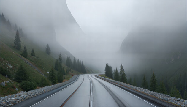 Serene foggy road winding through mountains and trees  