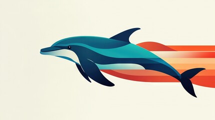 Fototapeta premium A dolphin leaps from the water with an orange-blue wave emanating from its backside