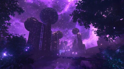 Obraz premium Futuristic Cityscape Under Starry Purple Sky with Lenient Structures