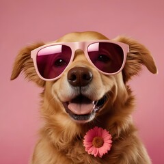 Dog with sunglasses against a vibrant pink background