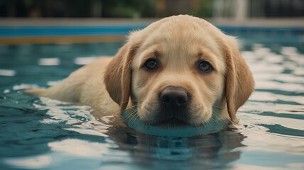 Golden labrador retriever puppy in swimming pool
