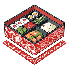 A meticulously crafted Japanese bento box showcasing vibrant compartments filled with diverse food items, resting on a traditional Japanese cloth.
