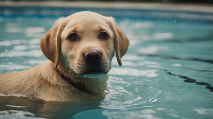 Golden labrador retriever puppy in swimming pool
