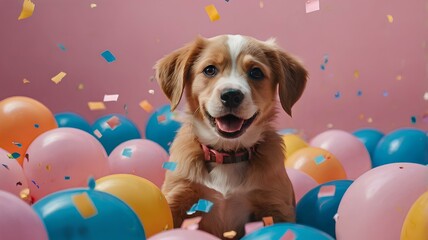 Puppy among balloons on a pink background. Party time.
