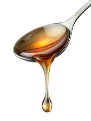 Close-up of a stainless steel spoon with thick, golden syrup dripping off of it.