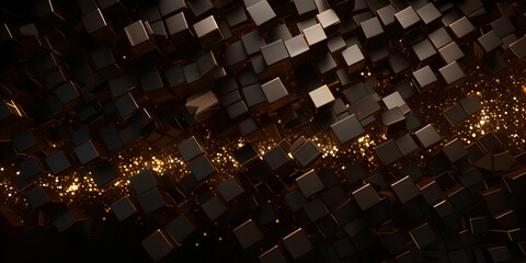 Abstract black and brown background with cubes and golden elements 