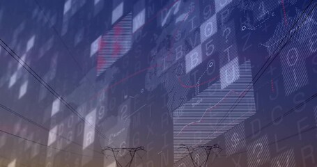 Power transmission towers standing against dusk sky, showing dotted globe and flowing data charts - Powered by Adobe