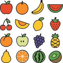 Flat Fruit Icons: A Colorful Collection of 16 Simple Fruits