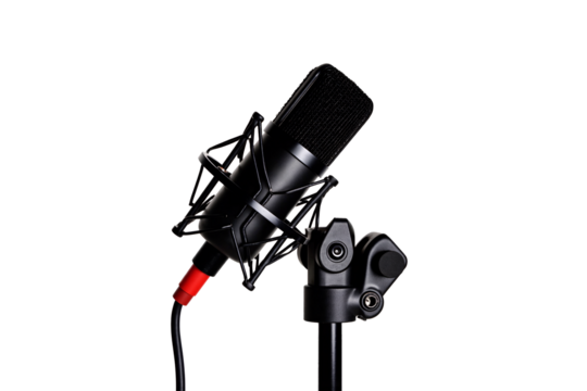 Professional black condenser studio microphone suspended in a shock mount cradle on a flexible stand arm, featuring a red cable, ideal for podcasting, broadcasting, or vocal recording