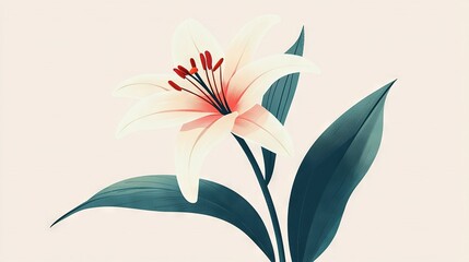   A white flower with red stamens on a green leaf against a light pink background