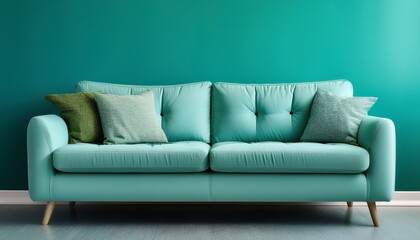 soft sofa on background of mint wall close up