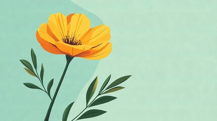 Naklejka premium Yellow flower painting on blue background with green stem and leaves