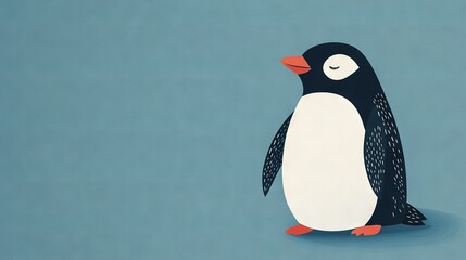 Fototapeta premium A black and white penguin with a red beak and a white face stands on a blue background