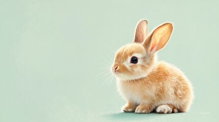 Obraz premium Fluffy baby rabbit with tiny paws, against a mint green plain background, soft shadows for depth