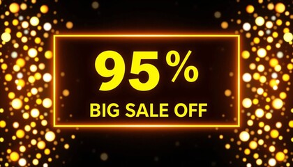 Fototapeta premium 95% Big Sale Off Advertisement With Golden Lights and Black Frame 