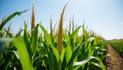 Obraz premium close up of healthy maize plants with tassels waving in the wind, sunlight highlights the bright green leaves and golden tips