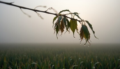 a foggy morning in the maize fields where visibility fades into a soft gray horizon, dewdrops hang on leaves and spider webs glisten faintly, the mood is peaceful and ethereal