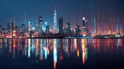 Fototapeta premium Digital Streams Over New York Skyline at Night with Reflections