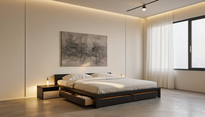 Modern interior design architecture photography: This interior design photograph showcases a modern bedroom with a platform bed, minimalist decor, and soft, warm lighting creating a serene and invit