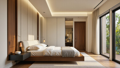 Modern interior design architecture photography: This interior photography showcases a modern bedroom with minimalist design, featuring a platform bed, textured wall paneling, and large windows over