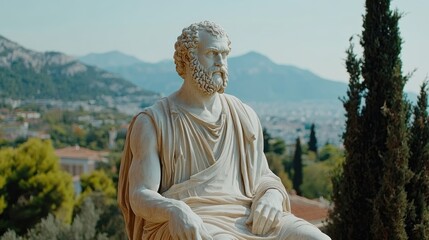 A philosopher statue sits majestically, gazing out over a breathtaking landscape at dusk