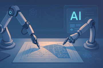 Futuristic digital art showing AI-assisted design: robotic arms sketch, glowing UI, holograms, generative patterns, sleek workspace, human-machine collaboration, and modern aesthetics.