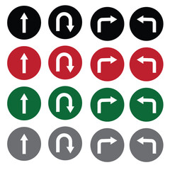 Go straight, this way, one way, only u turn left and right black arrow sign. Vector illustration.