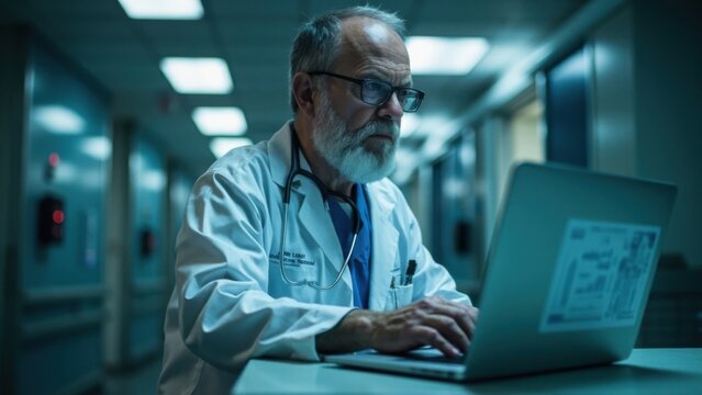 A man doctor in a white lab coat and with a stethoscope works on a laptop in a bright medical facility, emphasizing the professional environment and focus on health care technology.