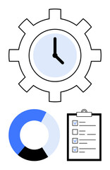 Gear clock represents time management, pie chart symbolizes data analysis, checklist indicates task completion. Ideal for productivity, planning, workflow, process optimization, teamwork, efficiency