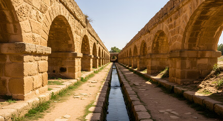 Fototapeta premium Ancient Roman Aqueduct with Stone Arches Under Sunny Sky and Clear Water Way
