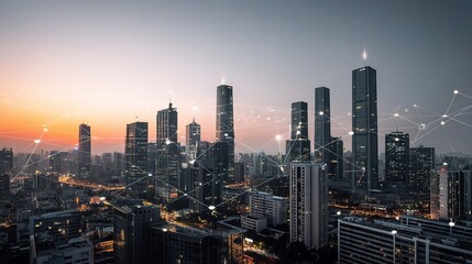 Fototapeta premium High Rise City Skyline at Sunset with Modern Connectivity Concept
