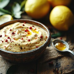 Indulgent lemon-flavored dip garnished with pepper and surrounded by fresh lemons