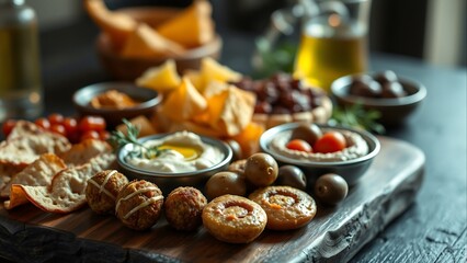 Fototapeta premium Mediterranean Mezze Platter: A Delicious Spread of Falafel, Hummus, Olives, and Warm Pita Bread Displayed on a Rustic Wooden Board, Perfect for Social Sharing and Appetizers