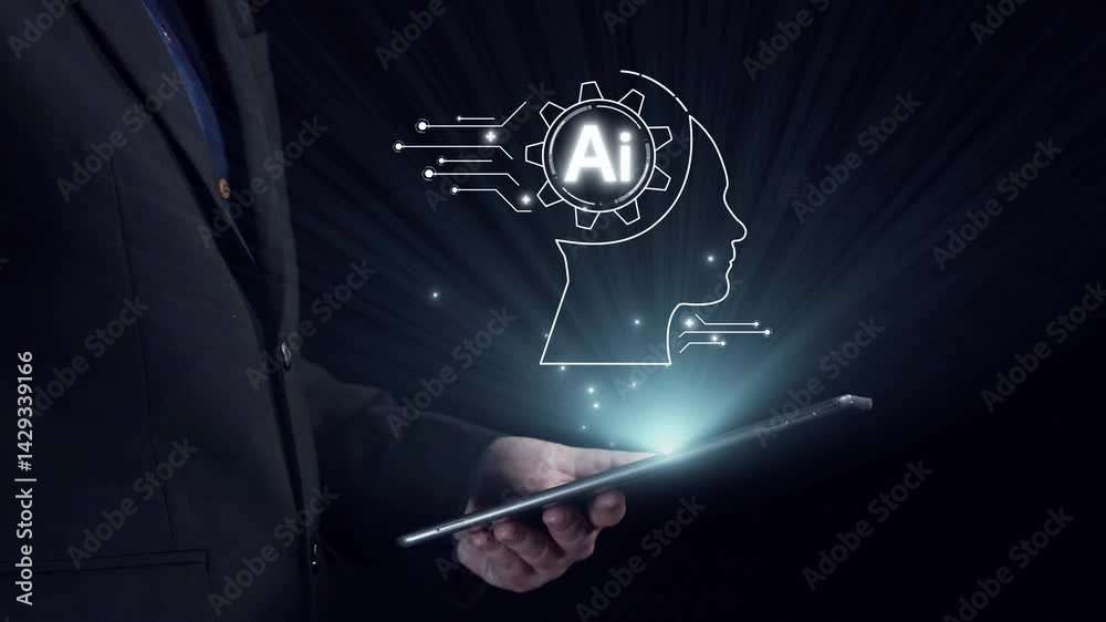 Poster human interact with ai artificial intelligence brain processor in concept of ai artificial intellige