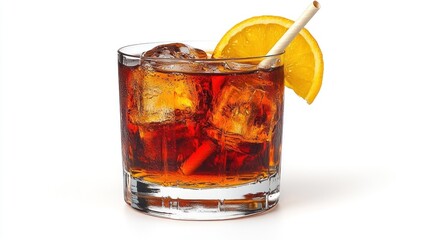 Chilled drink with ice and a zesty orange slice, ideal for warm days