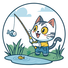 A cheerful cartoon cat sits on a lily pad, fishing rod in paw, inside a vibrant comic speech bubble;  a serene pond scene is visible behind.