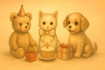 vintage plush animals sitting together in soft pastel setting for nostalgic kids illustration