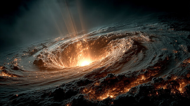 Glowing swirling black hole in deep space emits radiant light trails symbolizing the mysteries of the universe power of gravity time distortion and the unknown in a cosmic starry void

