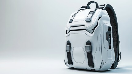 Obraz premium Trendy white backpack with futuristic graphic elements, reflective accents, and minimalist silhouette, isolate on white background
