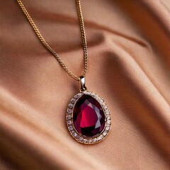 Luxury Ruby‑Diamond Halo Pendant Necklace on Satin Fabric
