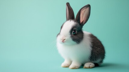 Obraz premium Fluffy black-and-white bunny, calmly sitting on a pastel green minimalist backdrop 